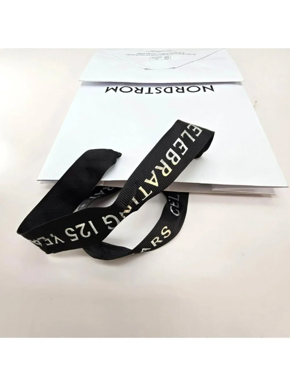 Nordstrom Celebrating 125 Years White Shopping Bag With Black Ribbon Handles VR9